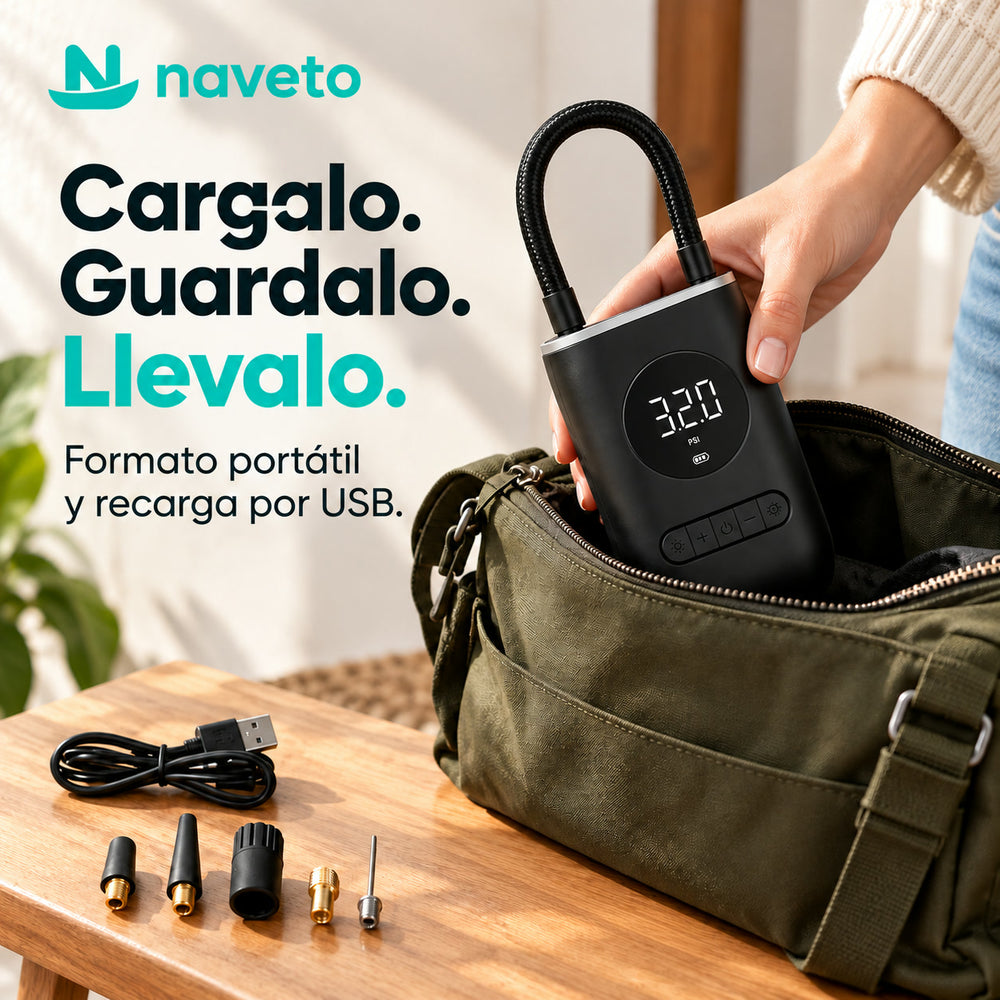 Inflador portátil guardado en un bolso