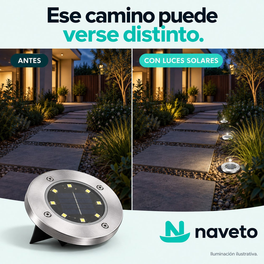 Camino de noche antes y con luces solares de jardín (ilustrativo)