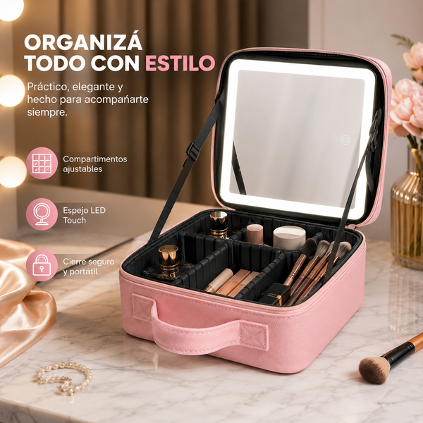 Cosmetiquero LED Portátil con Espejo Iluminado — 3 Tonos de Luz