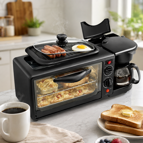 Horno de Mesa 3 en 1 Eléctrico - Cafetera + Plancha