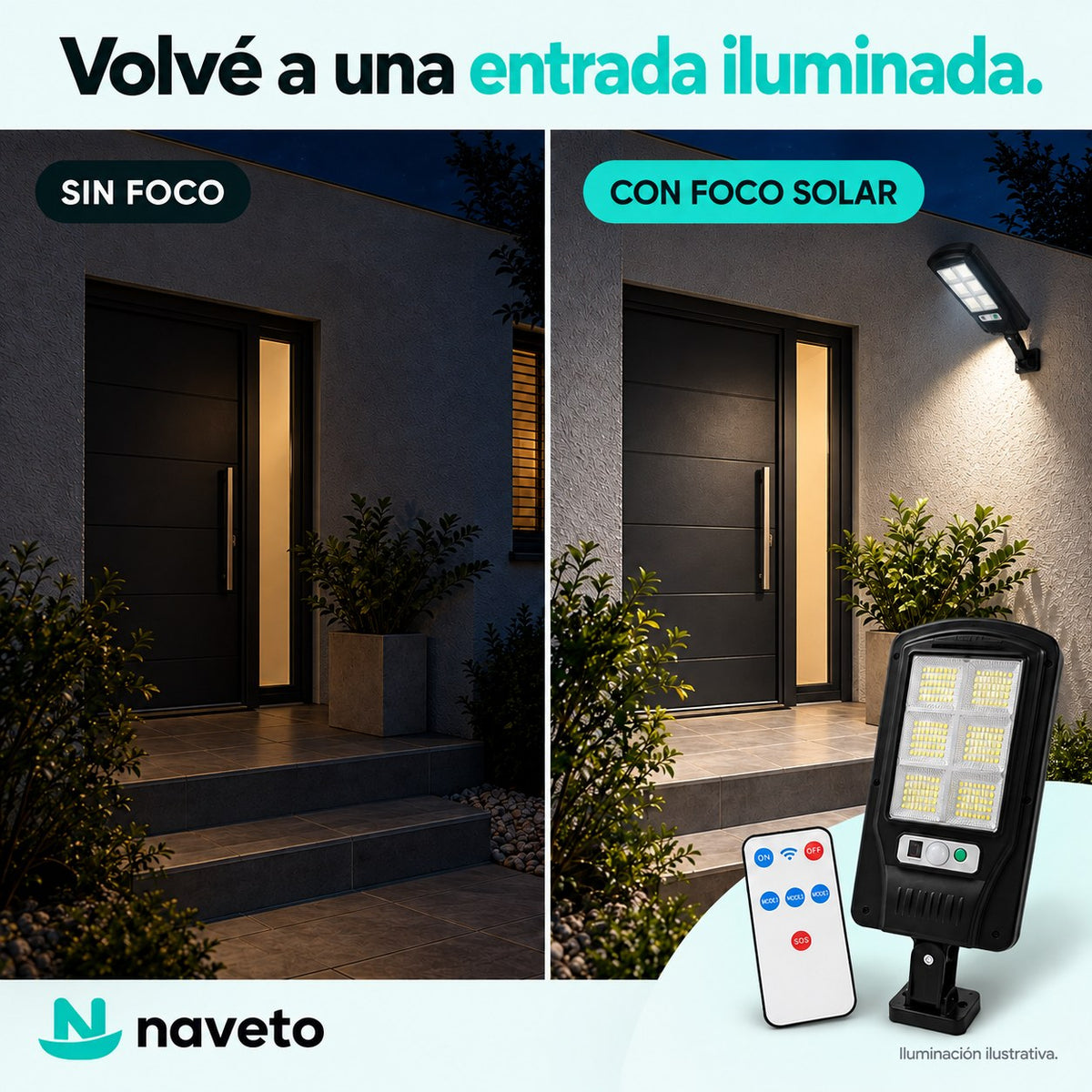 Entrada de noche sin foco y con el foco solar encendido (ilustrativo)