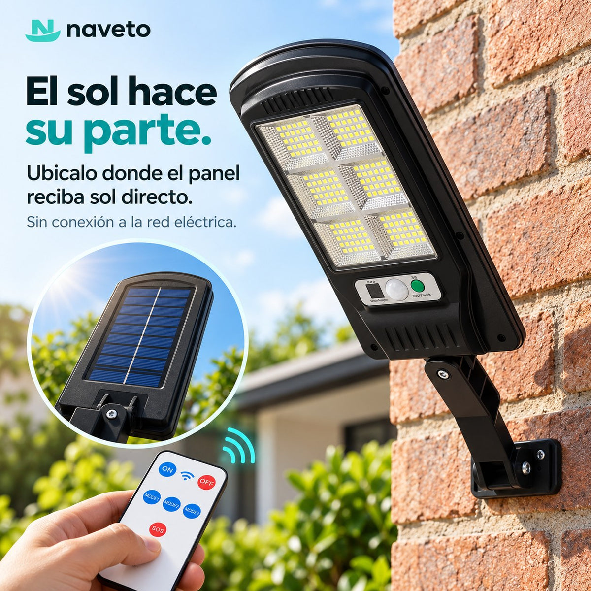 Foco instalado en una pared con el panel solar mirando al cielo