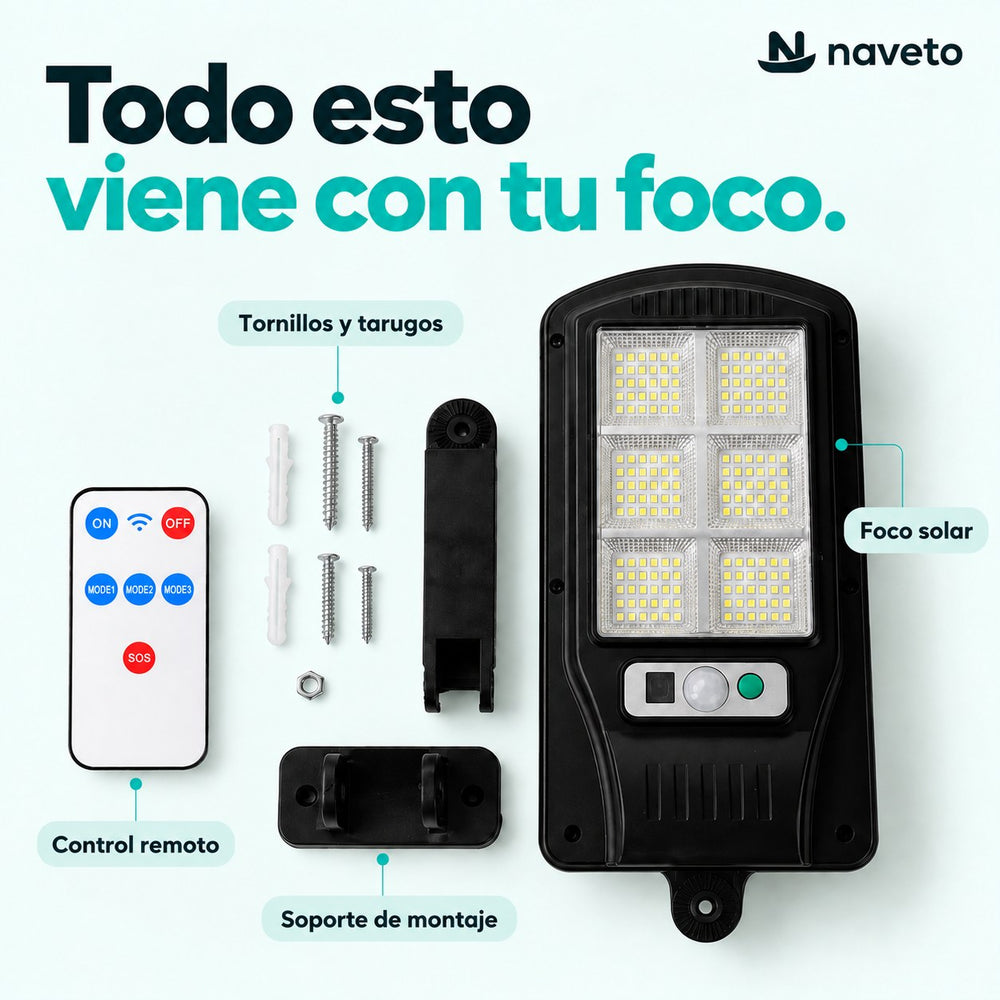 Contenido: foco solar, control remoto, soporte de montaje, tornillos y tarugos