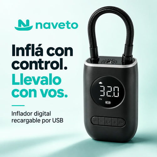 Inflador compresor portátil digital recargable por USB, con pantalla y manguera