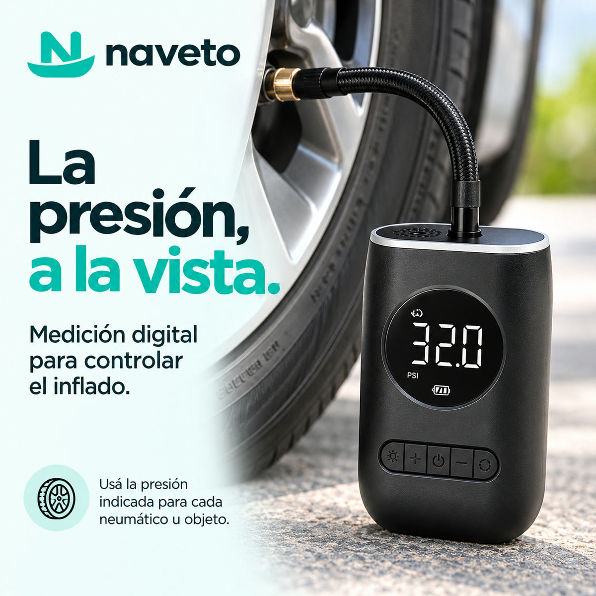 Inflador conectado a la válvula de un neumático, con la presión en la pantalla digital