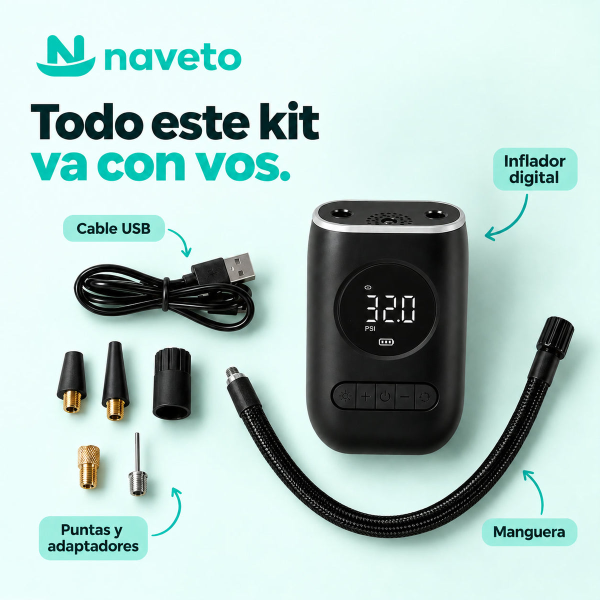 Kit del inflador: cable USB, manguera, puntas y adaptadores