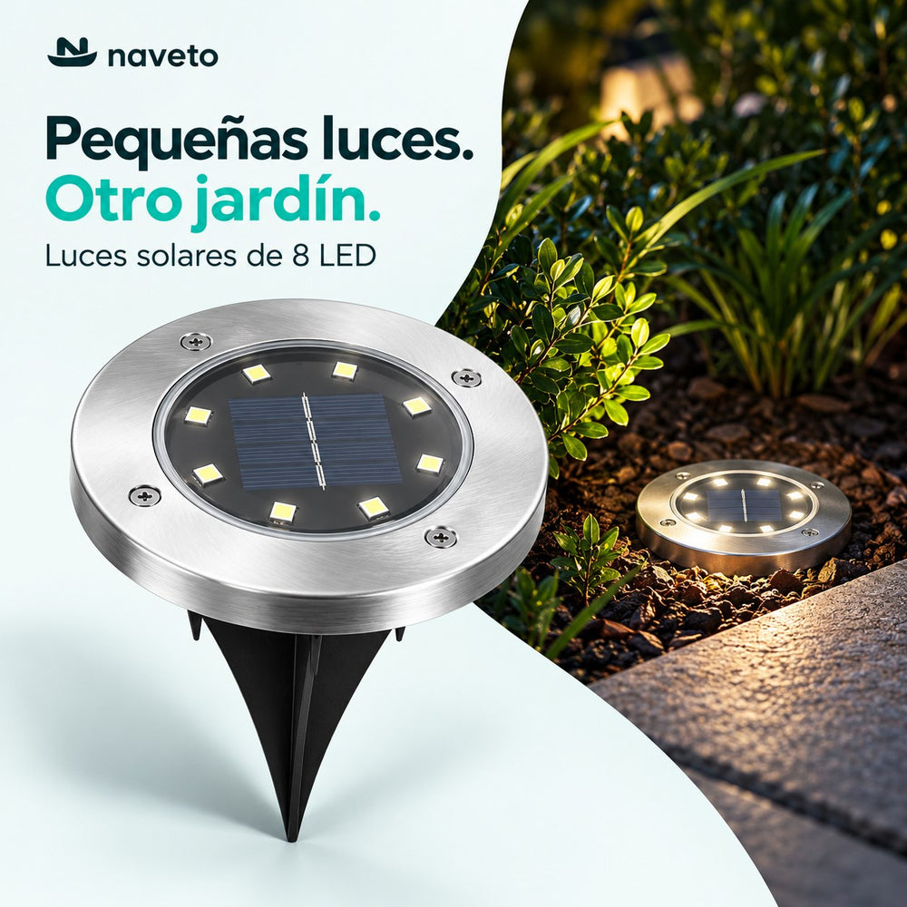Luz solar de jardín de 8 LED con aro plateado y estaca