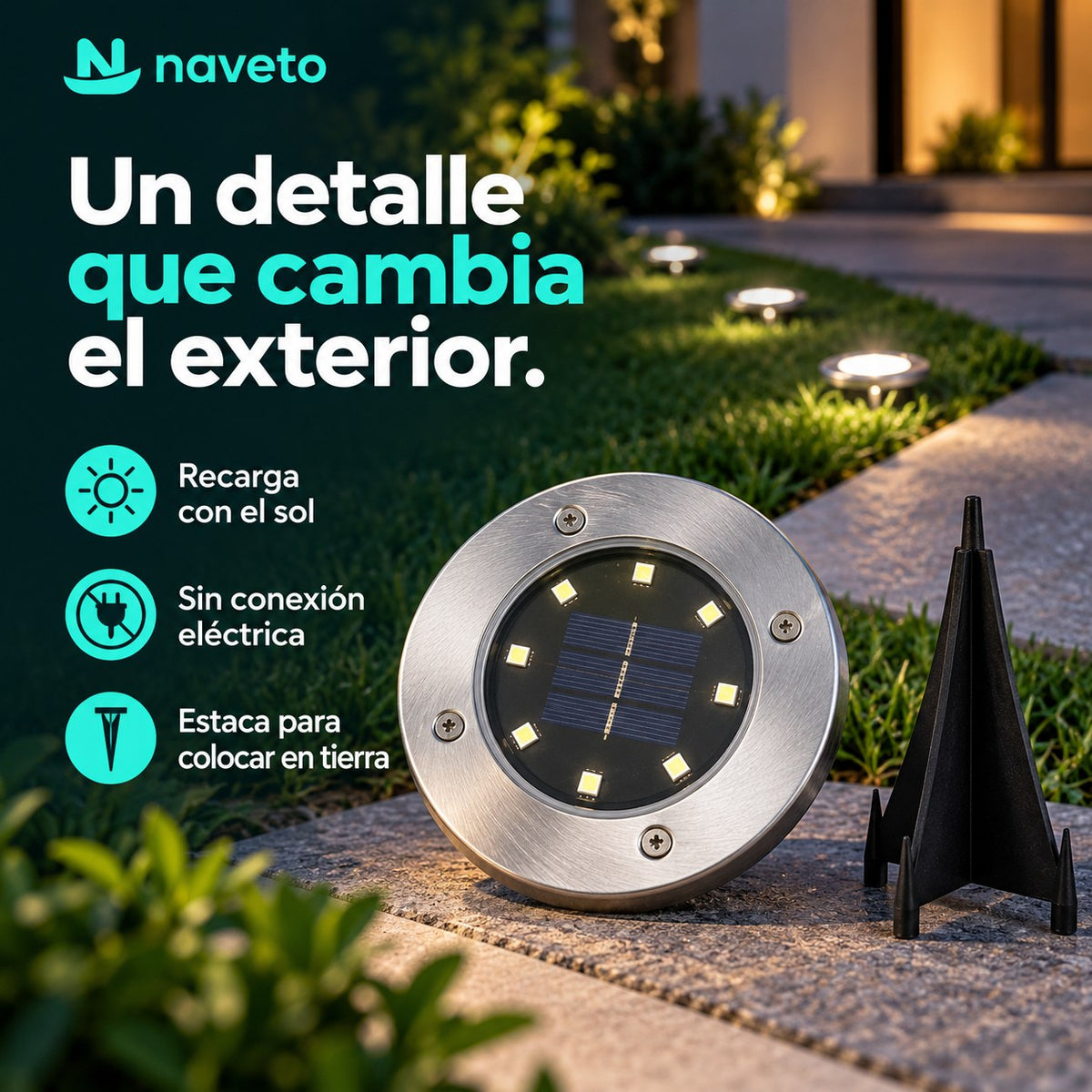 Recarga con el sol, sin conexión eléctrica y estaca para tierra