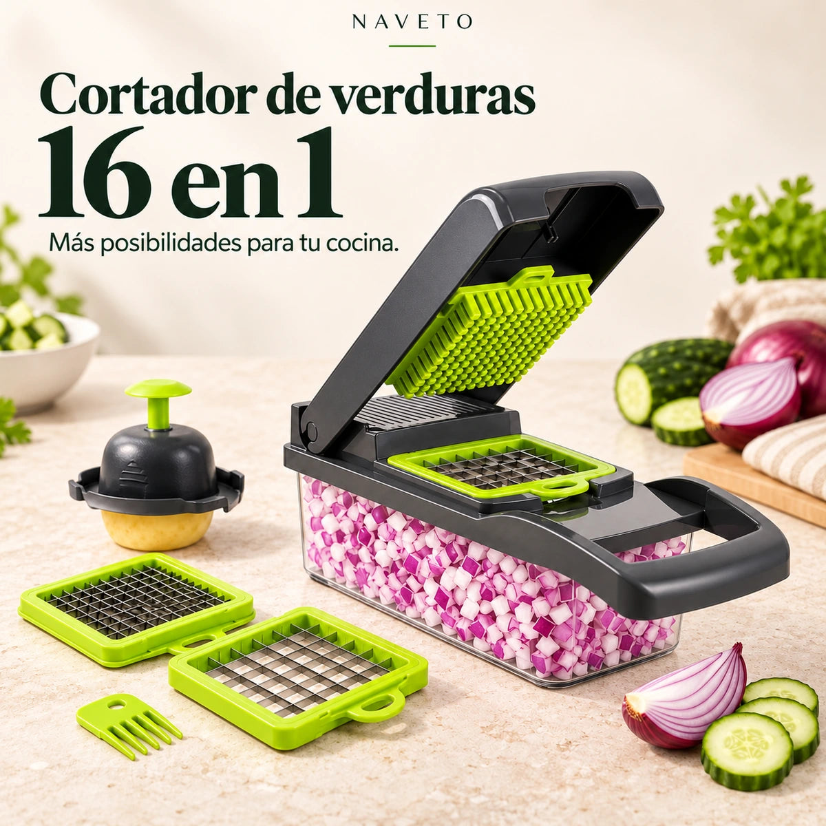 Cortador de verduras 16 en 1 con recipiente, cuchillas y cebolla picada