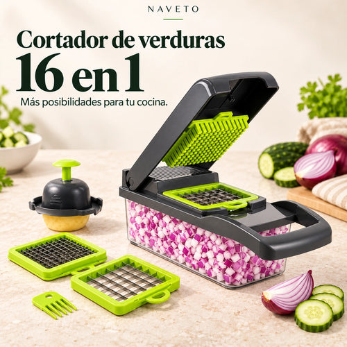 Cortador de verduras 16 en 1 con recipiente, cuchillas y cebolla picada