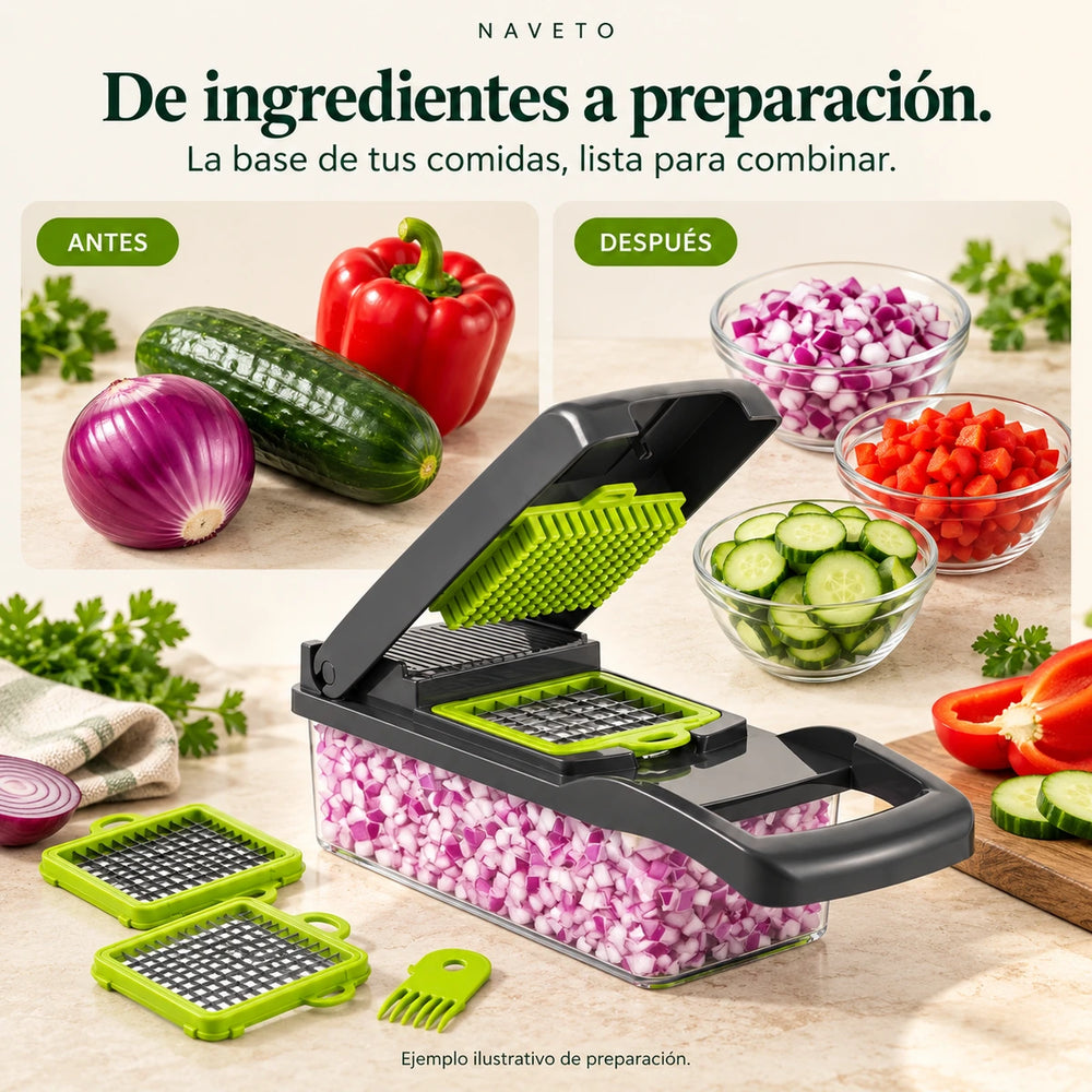 Verduras antes y después de picarlas con el cortador