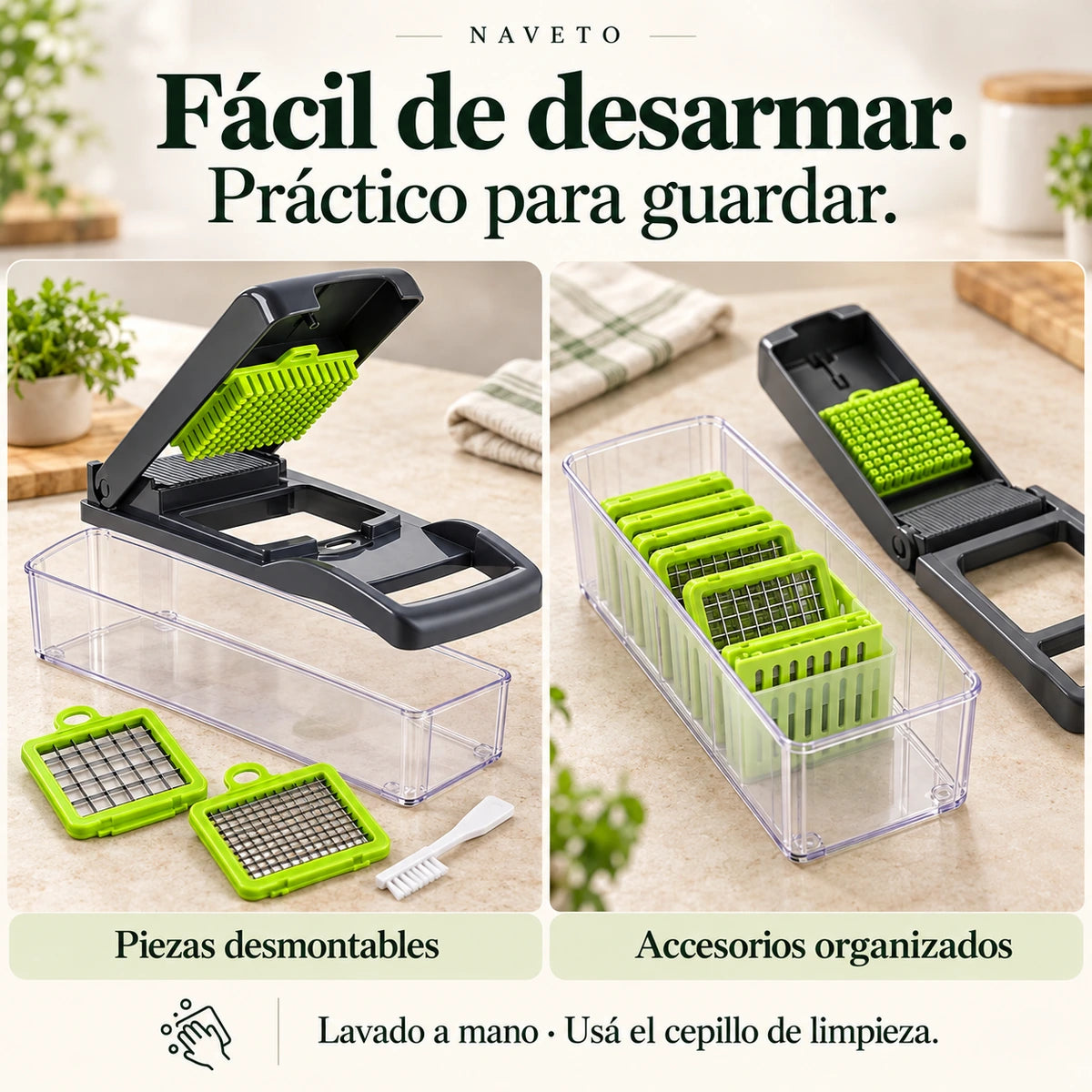 Piezas desmontables y accesorios guardados en el organizador