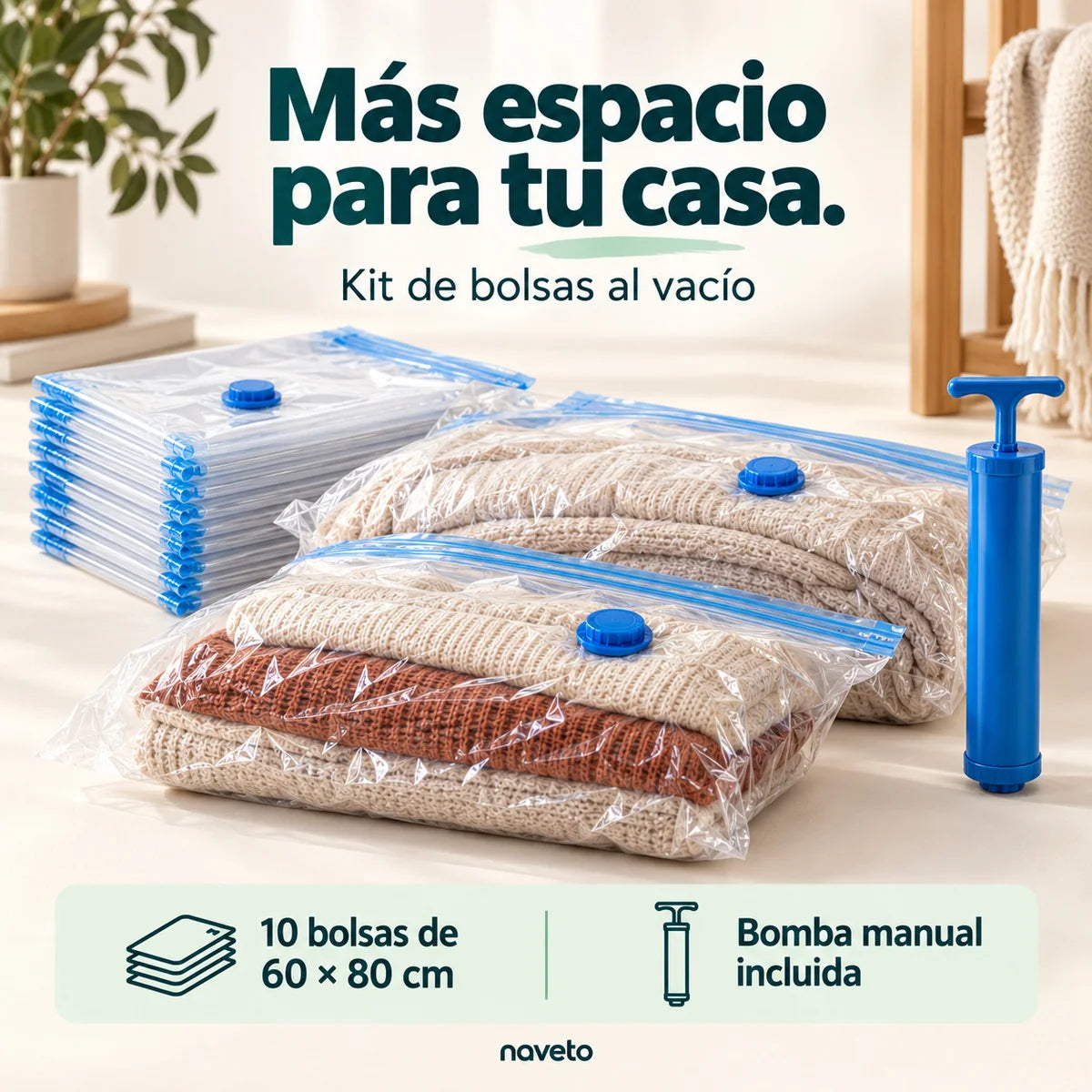 Kit de 10 bolsas al vacío de 60 × 80 cm con bomba manual