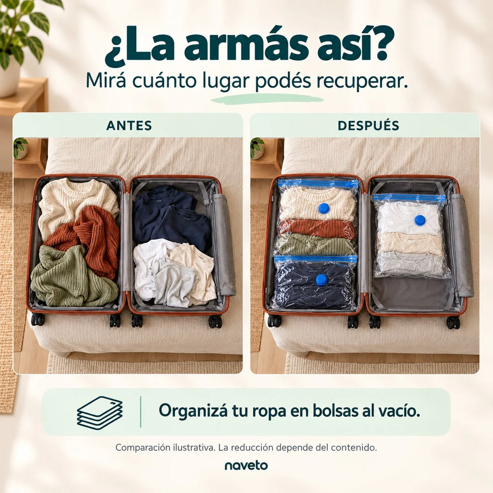 Valija antes y después de usar bolsas al vacío