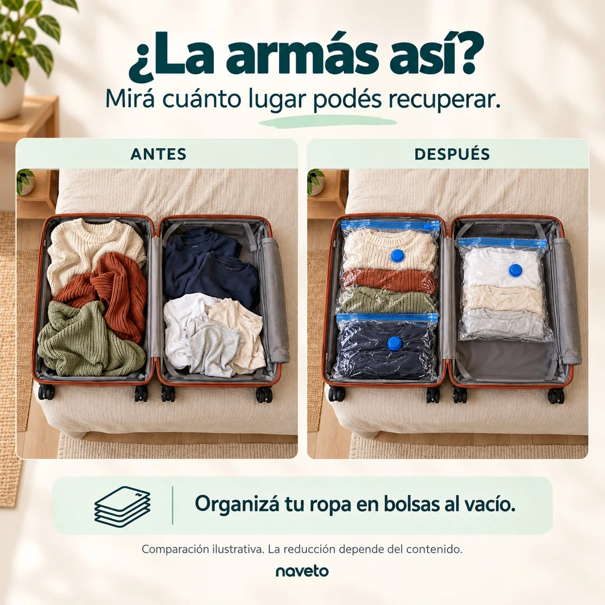Valija antes y después de usar bolsas al vacío