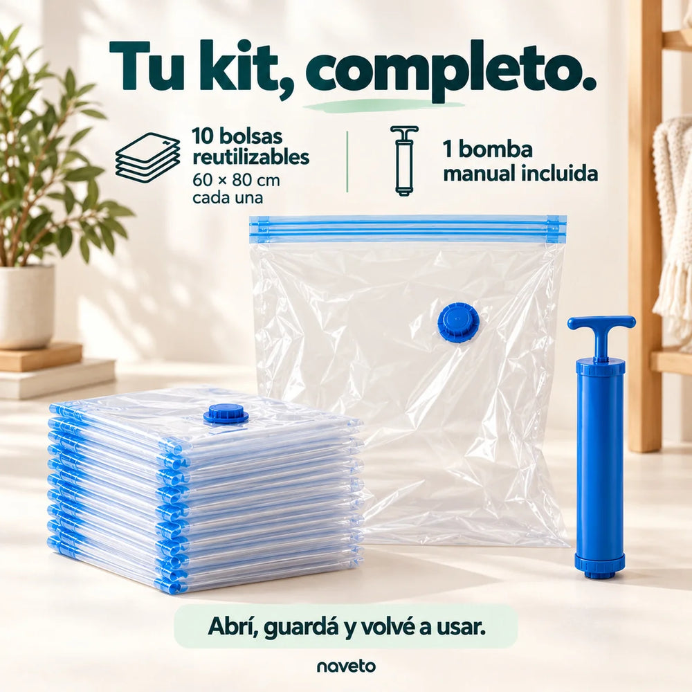 Contenido del kit: 10 bolsas y 1 bomba manual