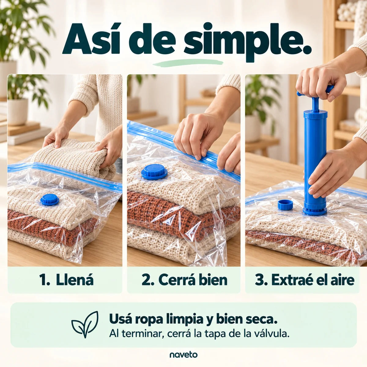 Cómo usar: llená, cerrá bien y extraé el aire