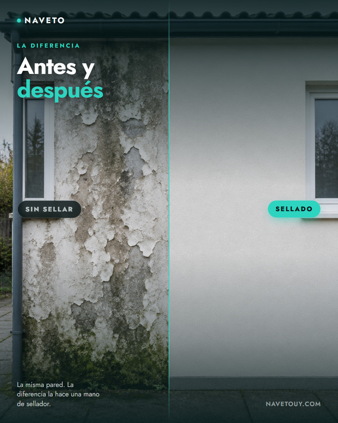 Antes y después de sellar una pared